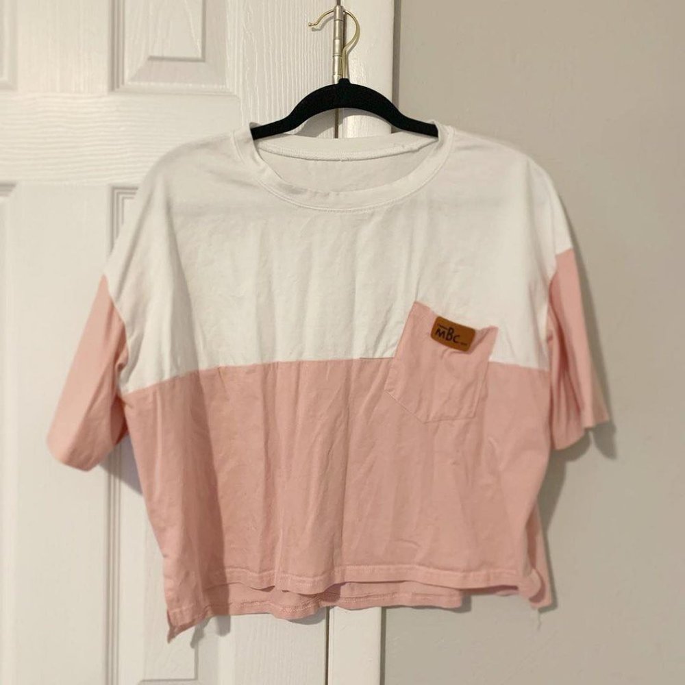 White & Pink Color Block Oversized Comfy Crop Top